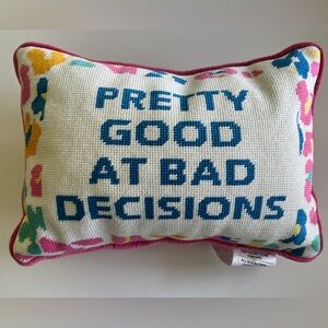 Funny Needlepoint Pillow Pretty Good at Bad Decisions Pink Velvet Back Retro